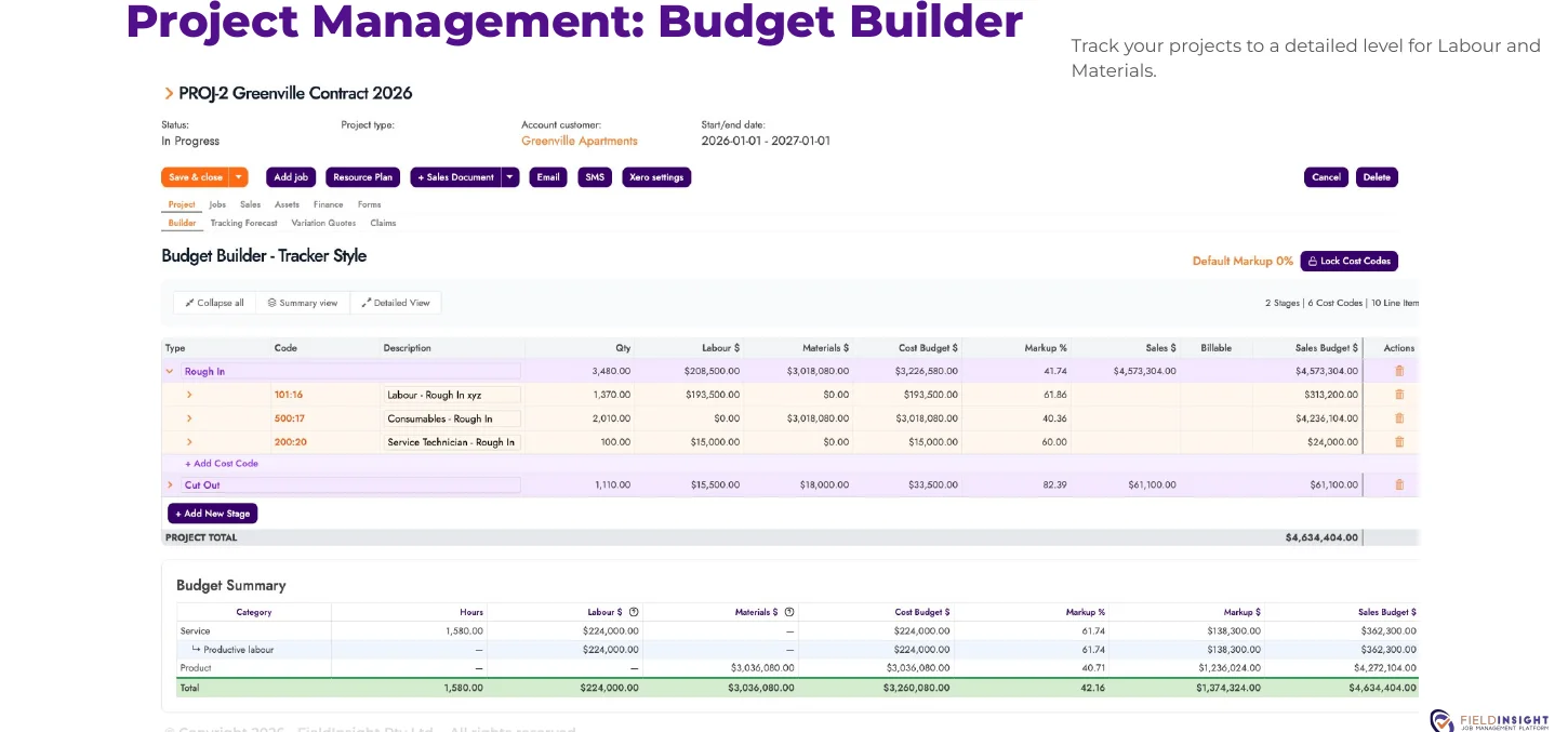 FieldInsight project budget builder with cost codes