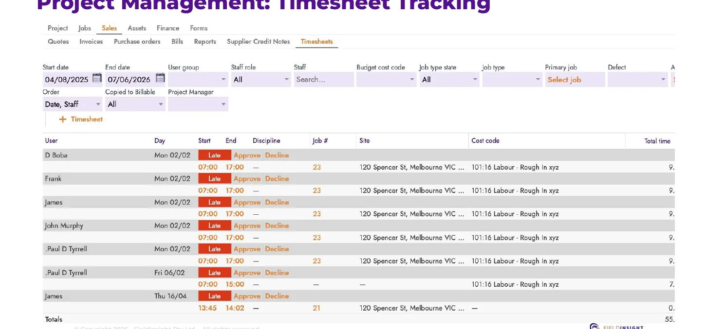 FieldInsight timesheets booked to jobs and cost codes